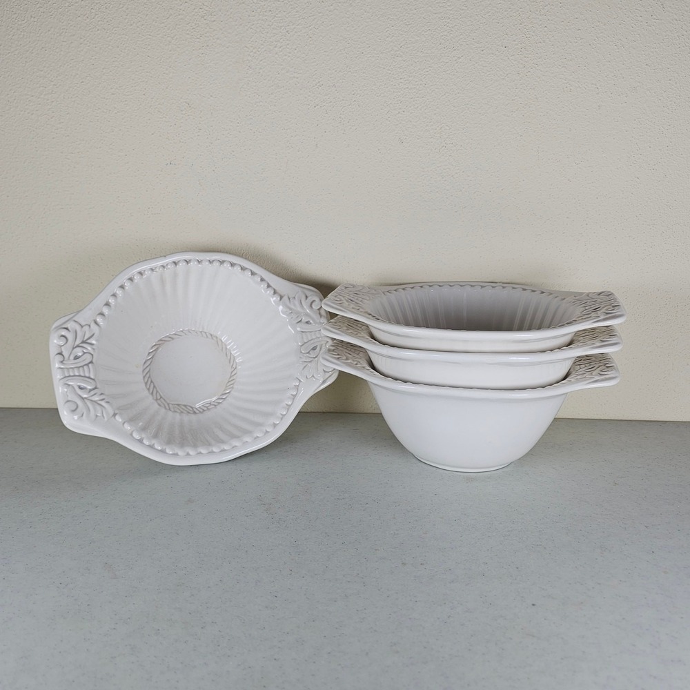 4 American Atelier At Home Baroque Ironstone Embossed Soup Bowls